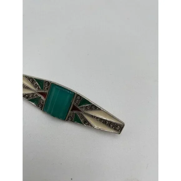 Vintage Silver Tone Turquoise Pin Brooch Bar Rhinestone Jewelry Scarf  2.5" Long - Picture 5 of 6